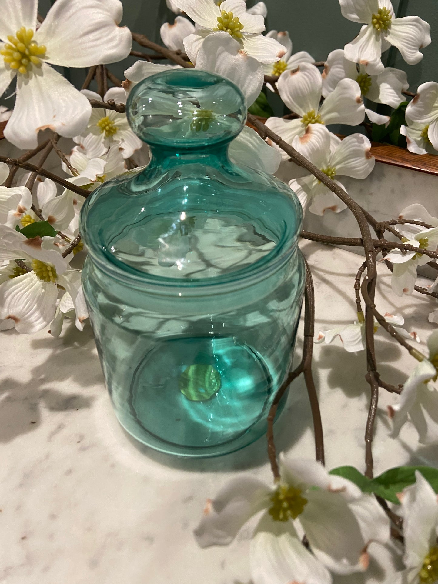 Petite bonbonnière en verre bleu/vert
