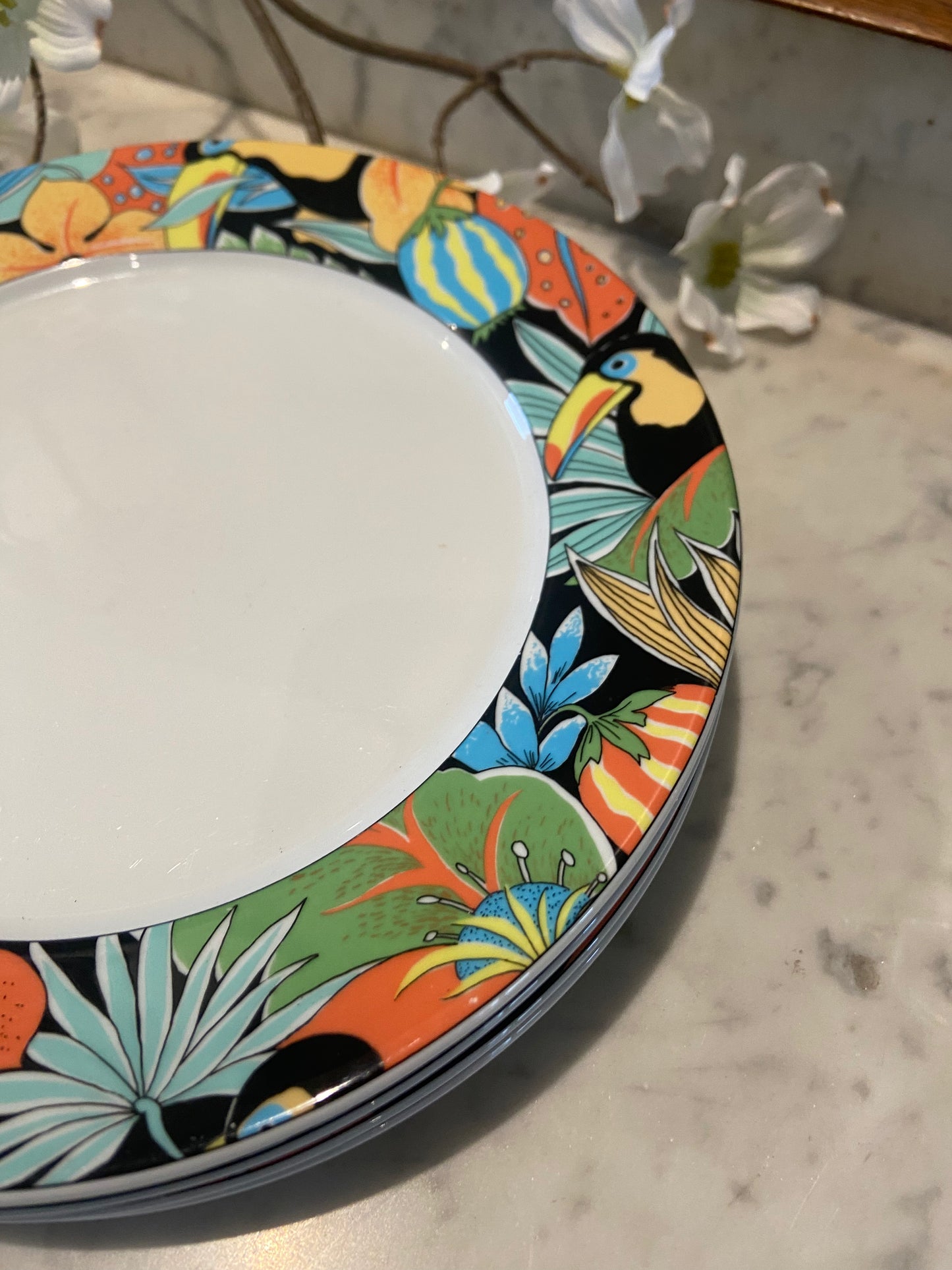 Lot de 4 assiettes en porcelaine– Décor tropical au toucan
