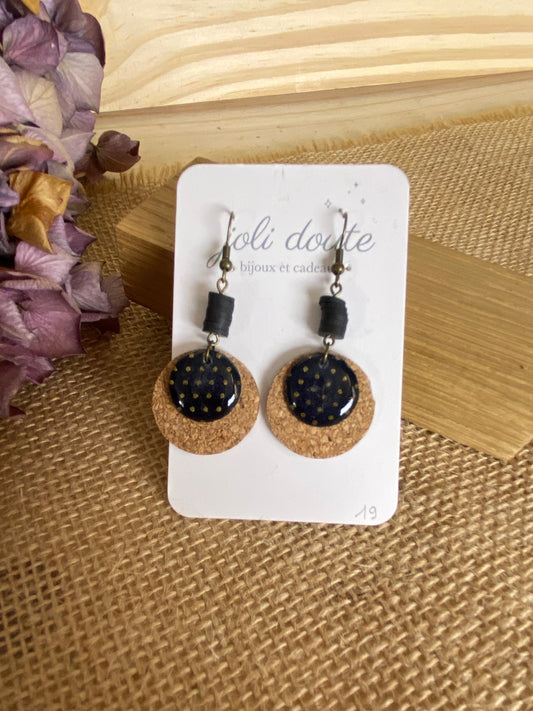 Boucle d'oreille Crochet Laiton, Liège et tissu enduit